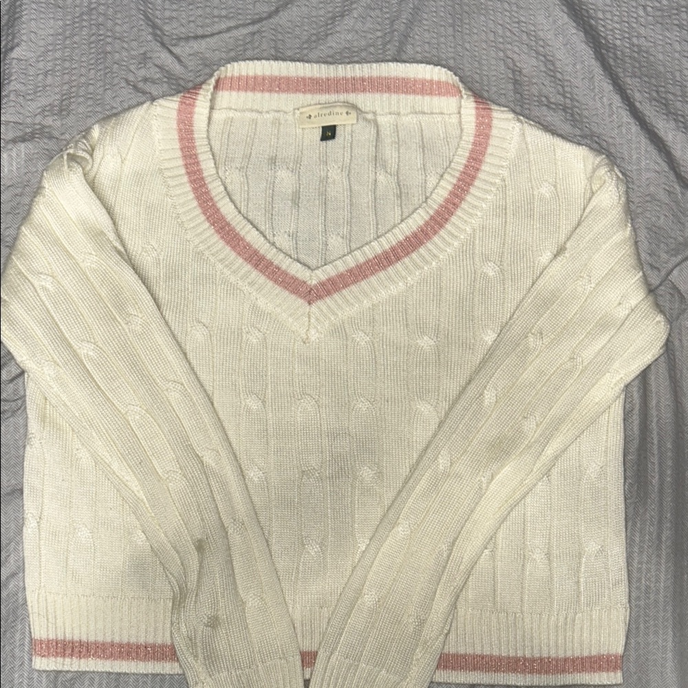 Cream and Pink V-Neck Sweater